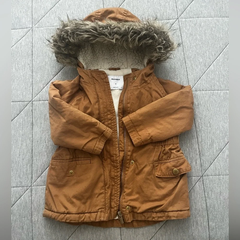 Old Navy Kids Tan Parka Jacket with Faux Fur Hood